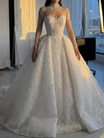 Illusion High Neck Beaded Ball Gown Wedding Dress