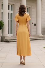Satin Flutter Sleeve Ruched Midi Dress