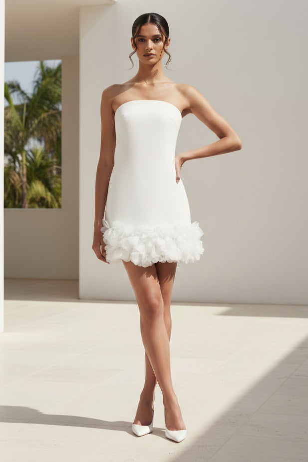 Strapless Crepe Mini Dress with 3D Floral Hem