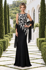 Floral Applique Sleeveless Column Gown with Shawl