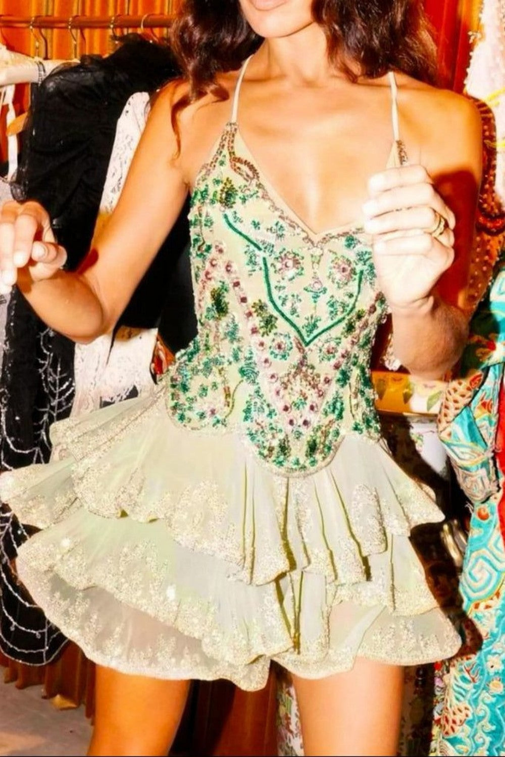 Embellished V-Neck Tiered Ruffle Mini Dress
