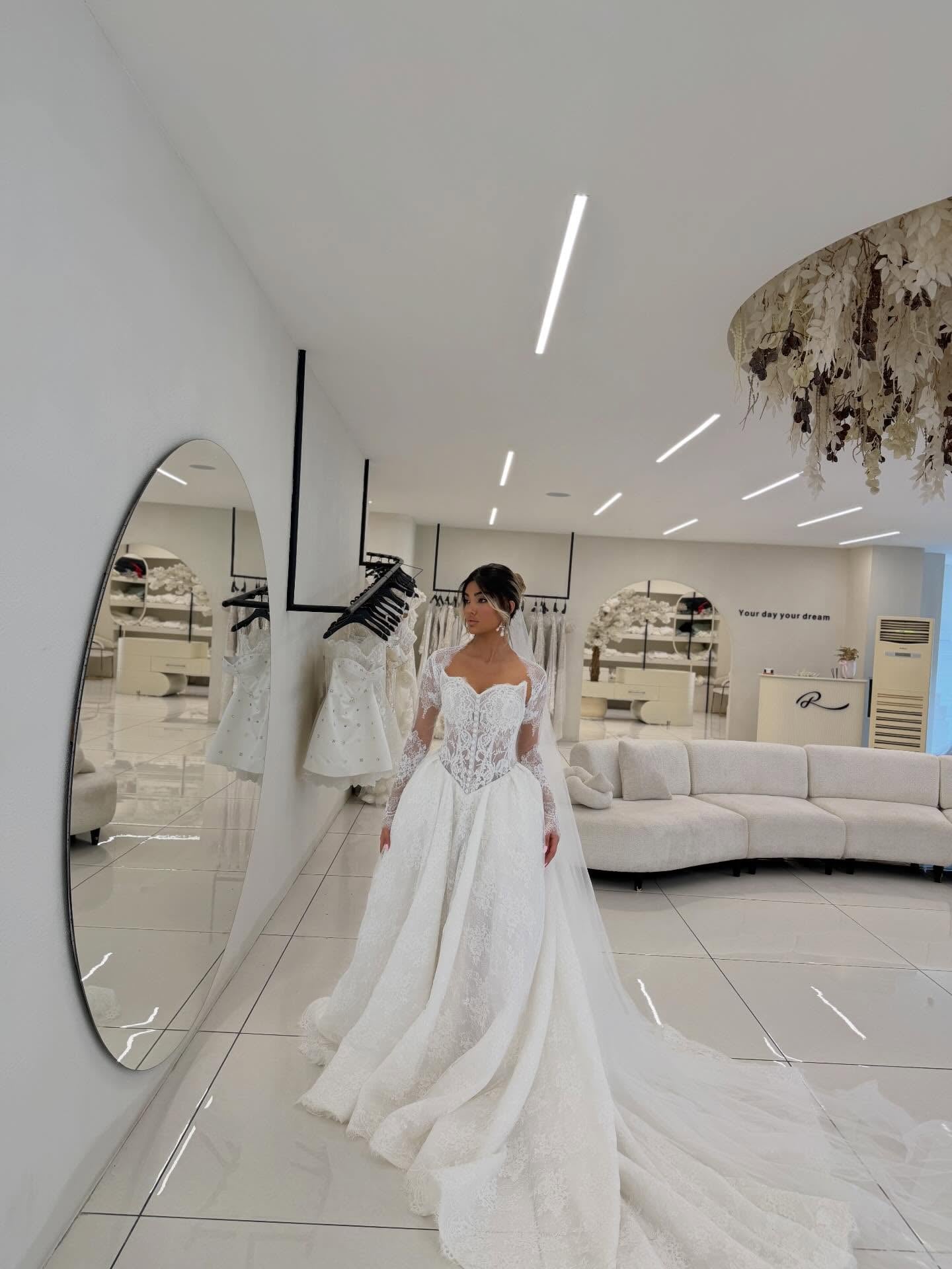 Long Sleeve Lace Corset Ball Gown Wedding Dress