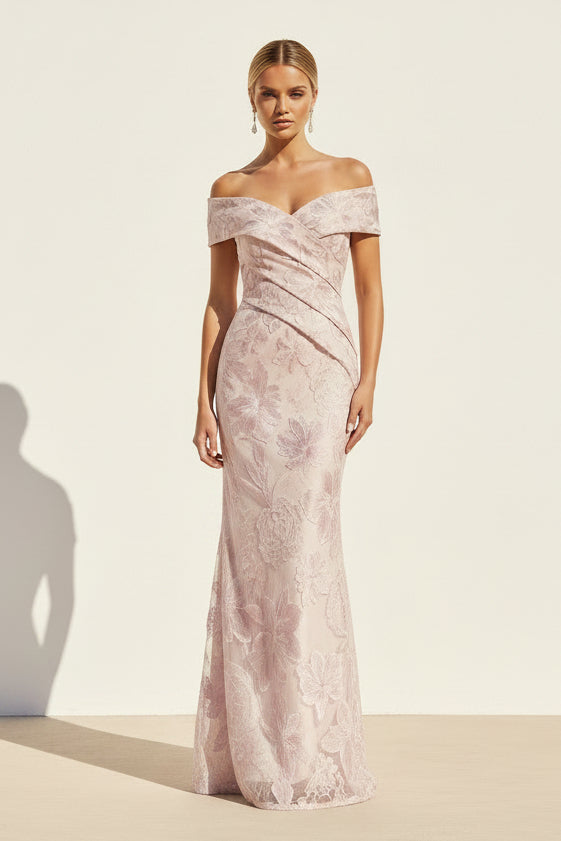 Off-the-Shoulder Floral Embroidered Evening Gown