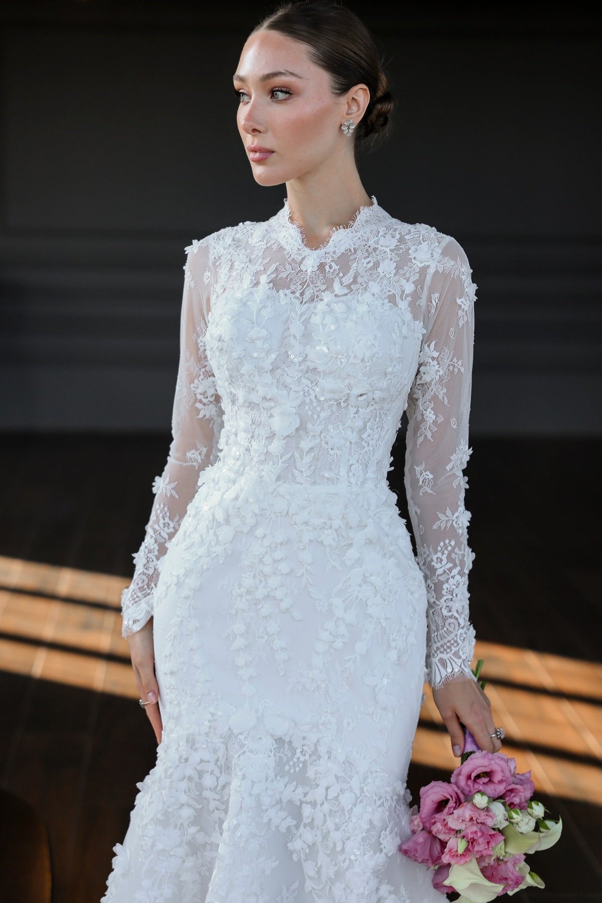 High Neck Lace Long Sleeve Mermaid Wedding Dress