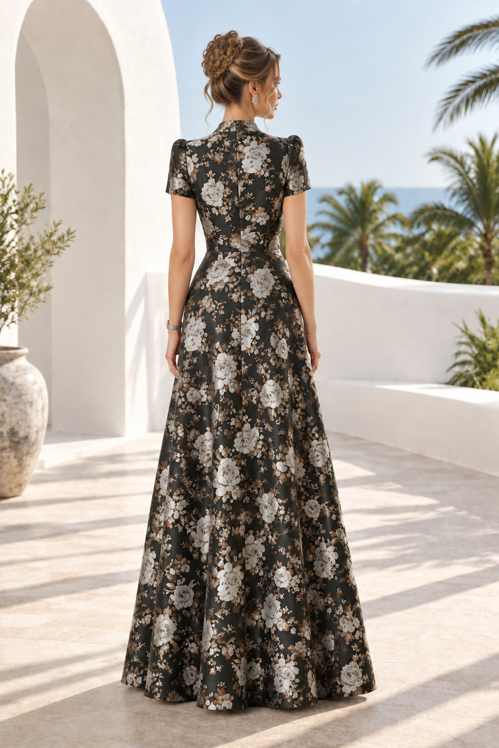 Floral Jacquard A-Line Gown with Mandarin V-Neck