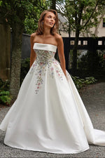 Strapless Satin Ball Gown with Floral Embroidery