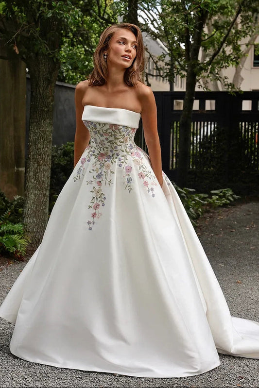 Strapless Satin Ball Gown with Floral Embroidery