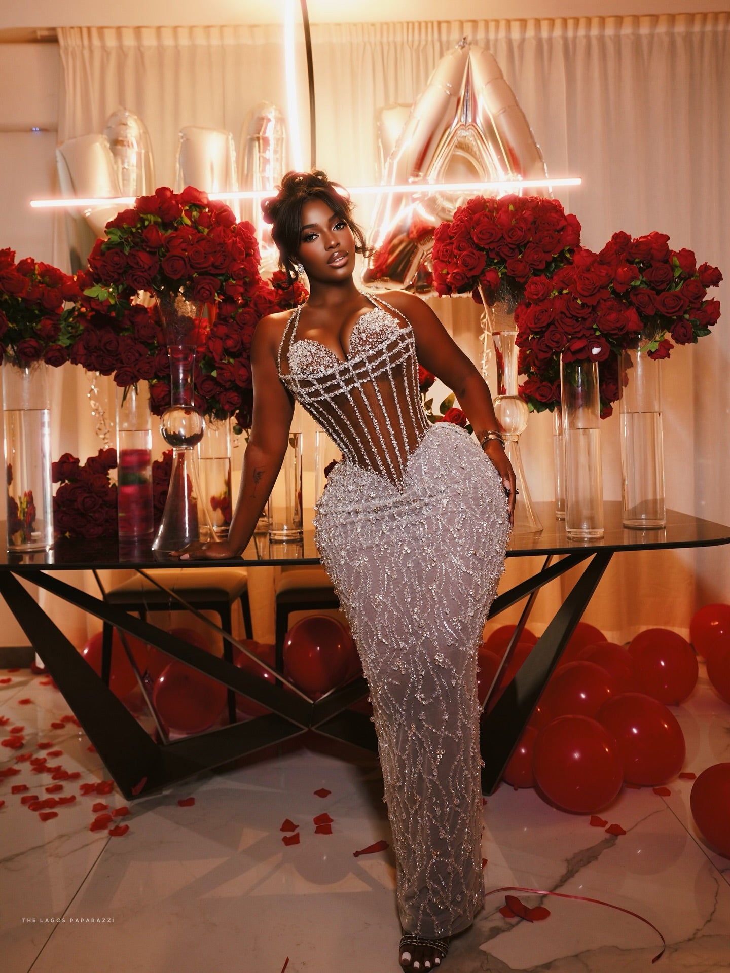 Crystal Embellished Sheer Corset Evening Gown