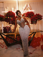 Crystal Embellished Sheer Corset Evening Gown