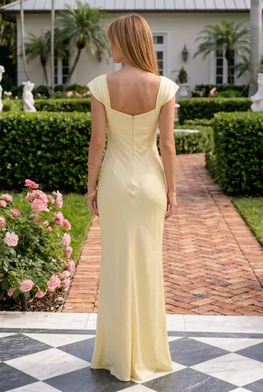Ruched Sweetheart Cap Sleeve Satin Maxi Dress