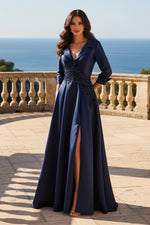 Beaded Notch Collar A-Line Gown with Slit