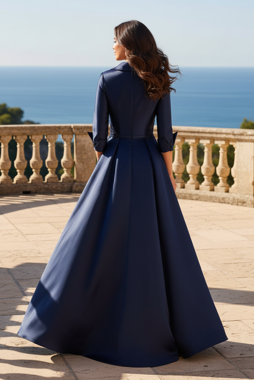 Beaded Notch Collar A-Line Gown with Slit