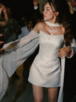 Beaded Basq-Waist Mini Dress with Chiffon Sleeves