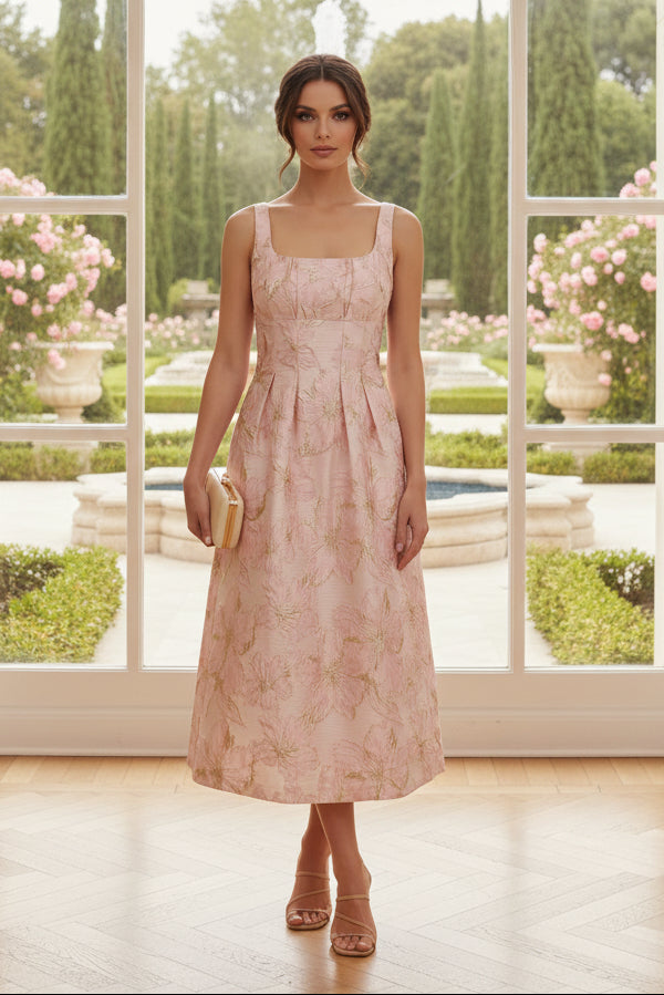 Floral Jacquard Square Neck Tea-Length A-Line Dress