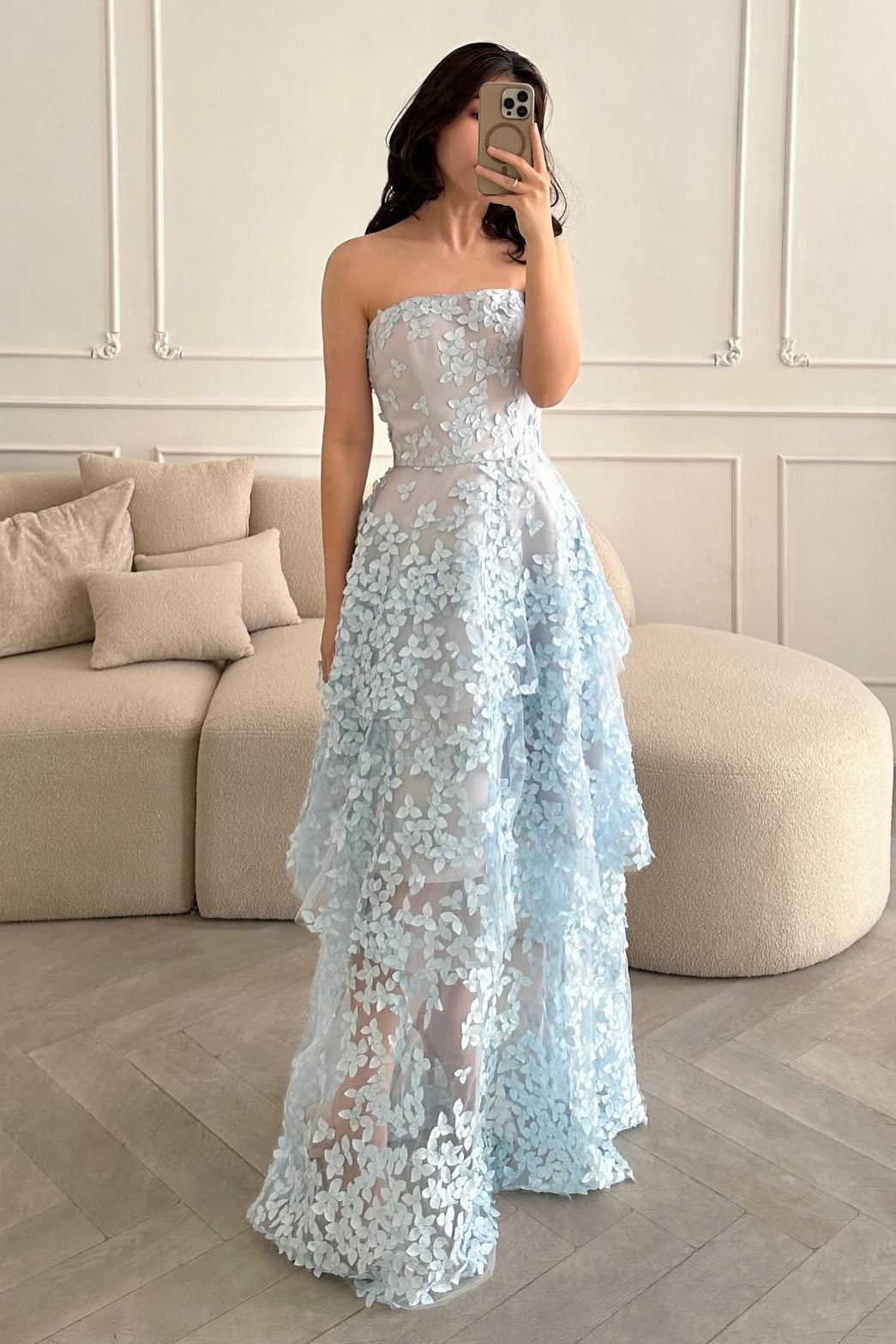 3D Floral Applique Strapless Tiered Tulle Gown