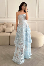 3D Floral Applique Strapless Tiered Tulle Gown