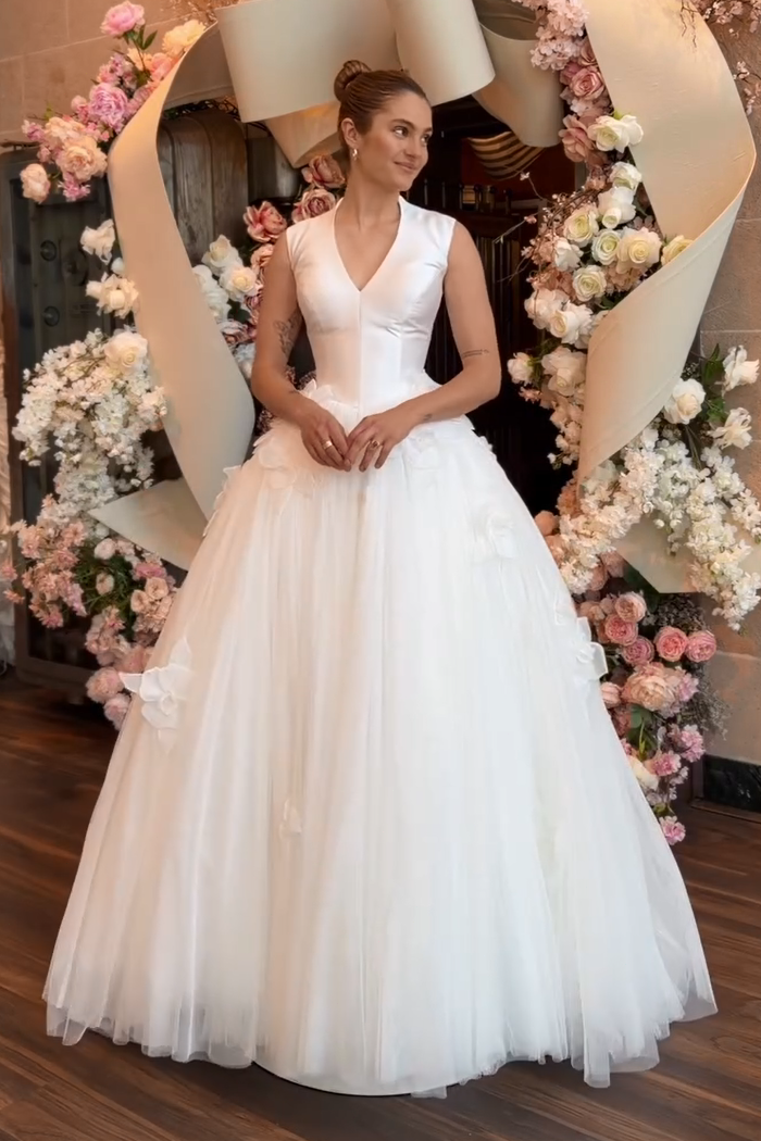 V-Neck Satin and Tulle Ball Gown Wedding Dress