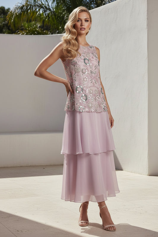 Sleeveless Beaded Tiered Chiffon Mock Two-Piece Dress