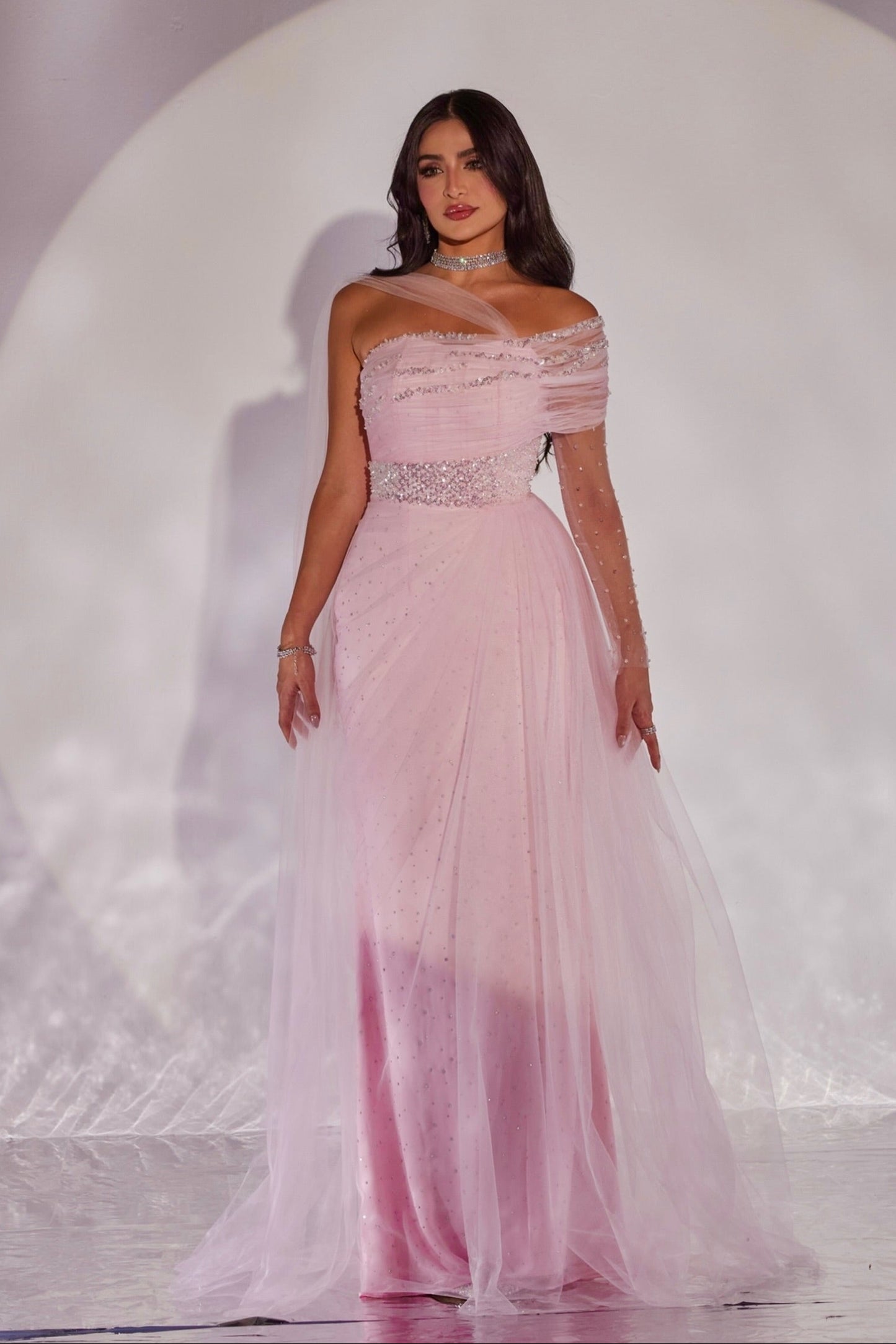 Tulle A-Line Evening Gown with Beaded Waist