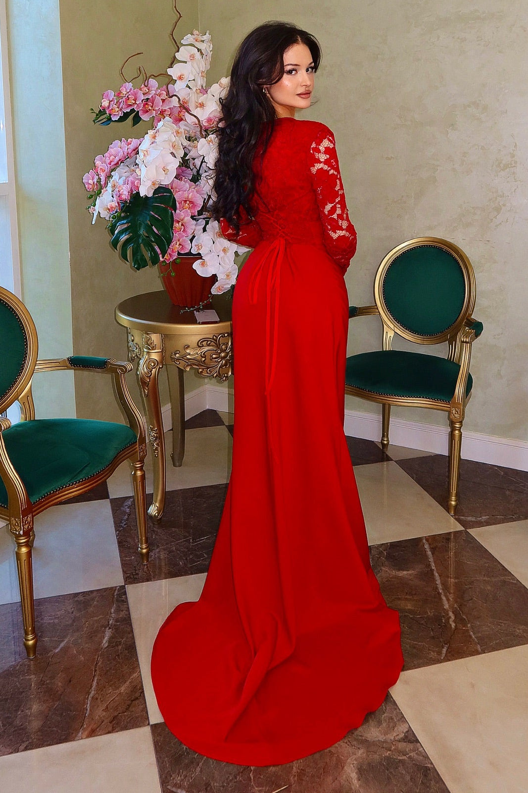 Lace Long Sleeve Evening Gown with Train