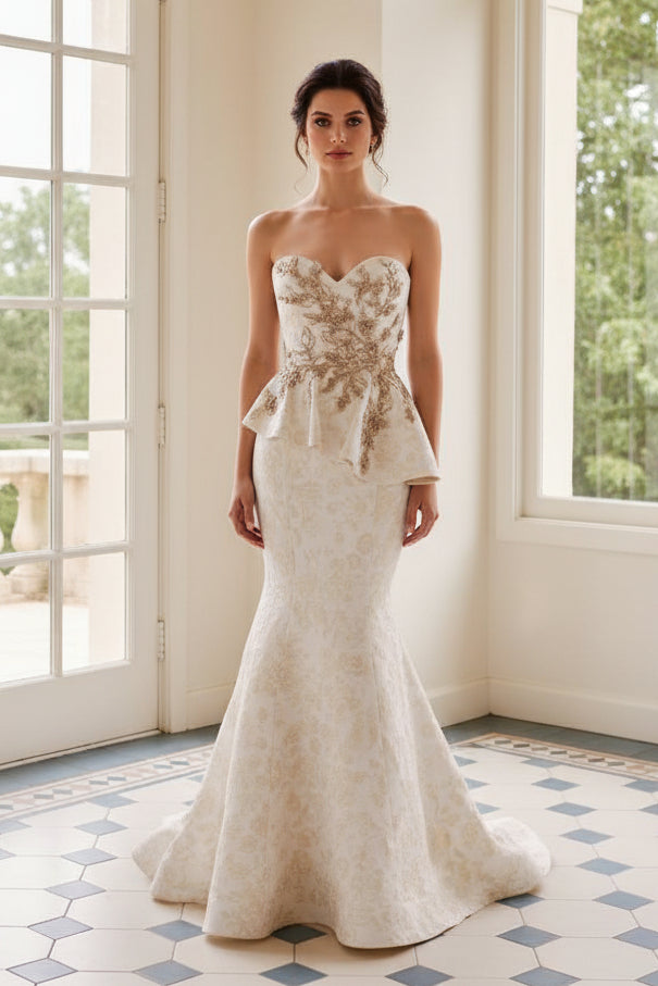 Strapless Peplum Mermaid Evening Gown
