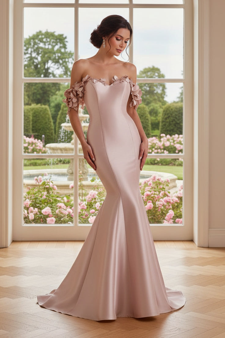 Off-the-Shoulder Floral Applique Mermaid Gown
