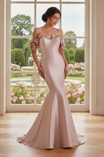 Off-the-Shoulder Floral Applique Mermaid Gown