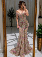Off-the-Shoulder Floral Embroidered Mermaid Gown