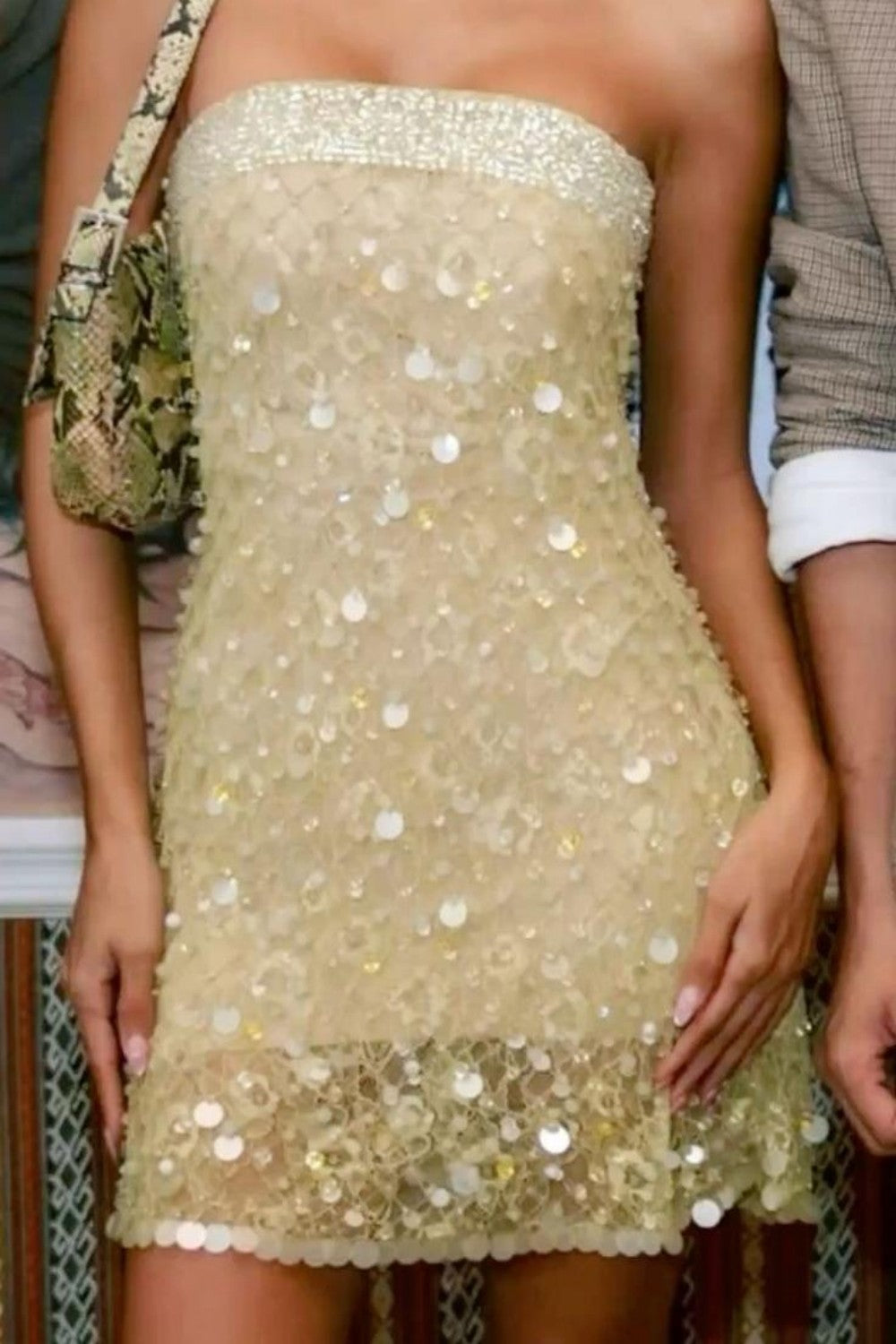 Strapless Beaded Sequin Lace Mini Dress