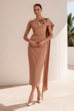 Ruched Asymmetrical Midi Dress with 3D Flowers