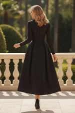 Long Sleeve Pleated Tea-Length A-Line Dress