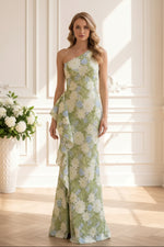 One-Shoulder Embroidered Lace Gown with Side Ruffle