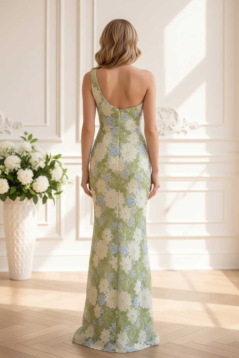 One-Shoulder Embroidered Lace Gown with Side Ruffle