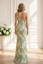 One-Shoulder Embroidered Lace Gown with Side Ruffle