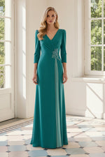 V-Neck 3/4 Sleeve Ruched Evening Gown with Appliques
