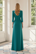 V-Neck 3/4 Sleeve Ruched Evening Gown with Appliques