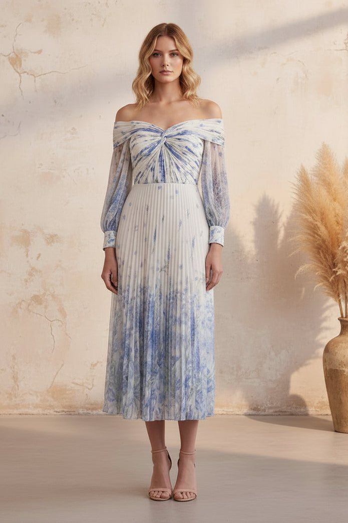 Pleated Off-The-Shoulder Floral Chiffon Midi Dress
