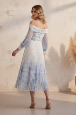 Pleated Off-The-Shoulder Floral Chiffon Midi Dress