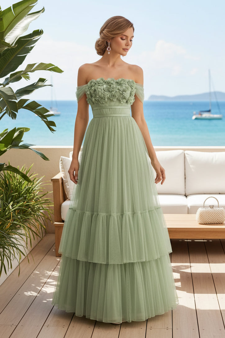 Off-the-Shoulder Tiered Tulle A-Line Gown