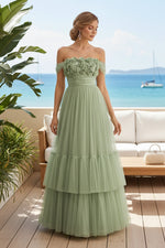 Off-the-Shoulder Tiered Tulle A-Line Gown