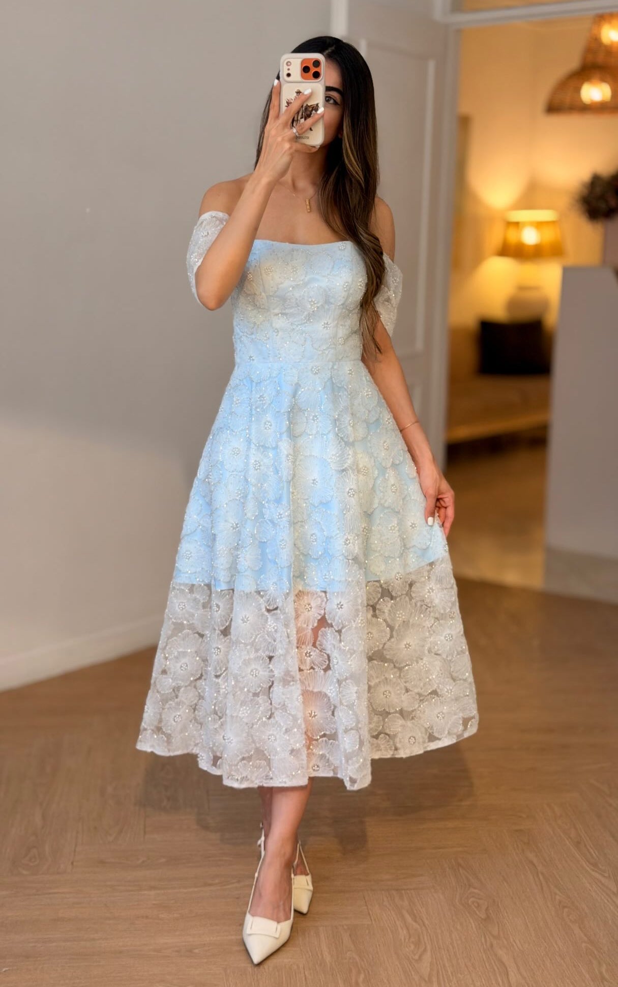 Off-the-Shoulder 3D Floral Lace Midi Dress