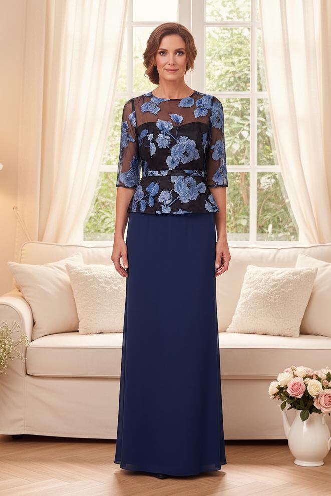 Floral Embroidered Peplum Maxi Dress with Sleeves