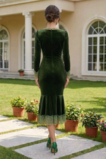 Lace-Trim Velvet Midi Dress with Flounce Hem