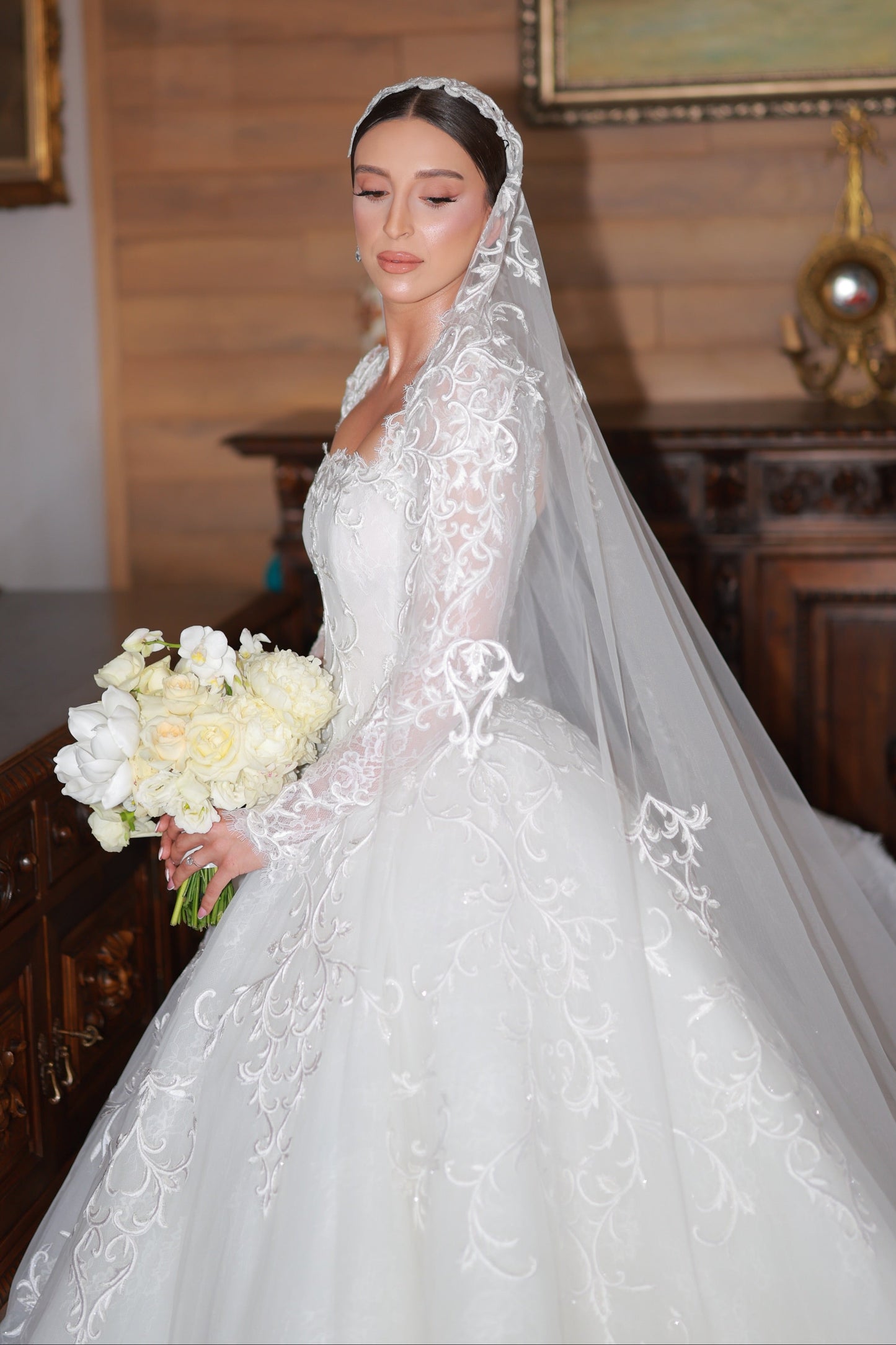 Long Sleeve Lace Ball Gown Wedding Dress with Veil