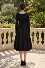 Long Sleeve Bubble Skirt Midi Dress with Feather Trim