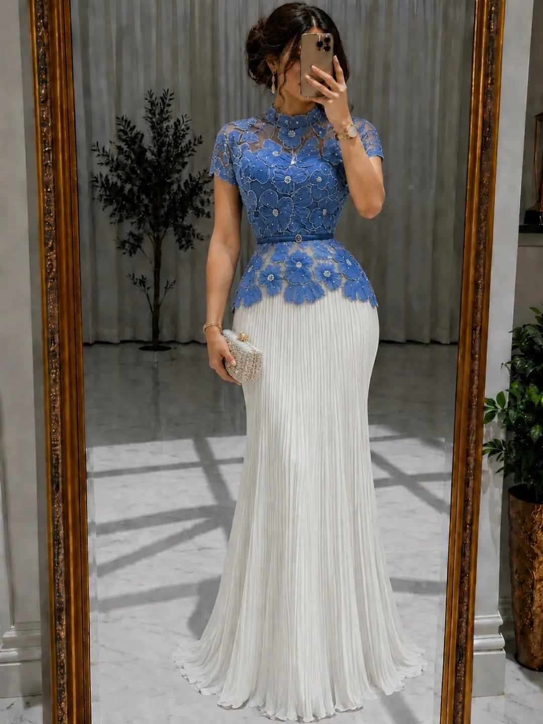 Pleated Mermaid Evening Gown with 3D Floral Lace