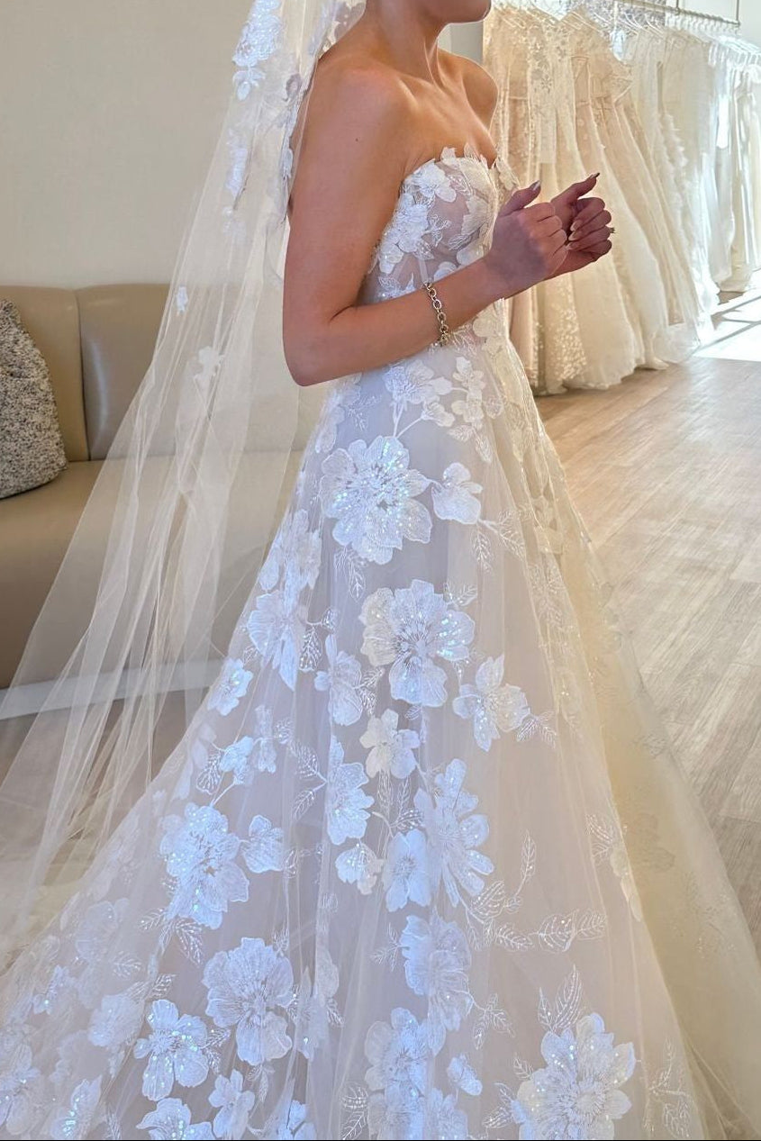Corset Bodice Floral Lace A-Line Wedding Dress