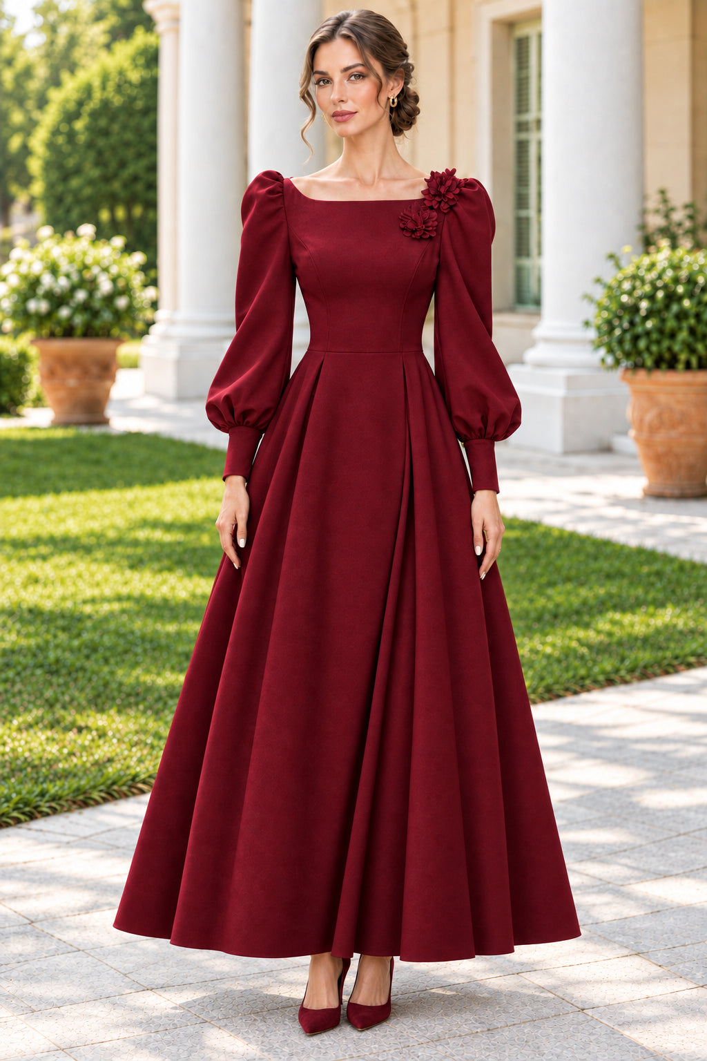 Bateau Neck Floral Shoulder Long Sleeve A-Line Gown