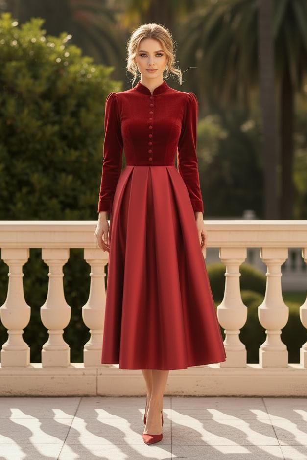 Velvet & Satin Pleated Midi Dress with Long Sleeves