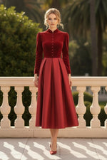 Velvet & Satin Pleated Midi Dress with Long Sleeves
